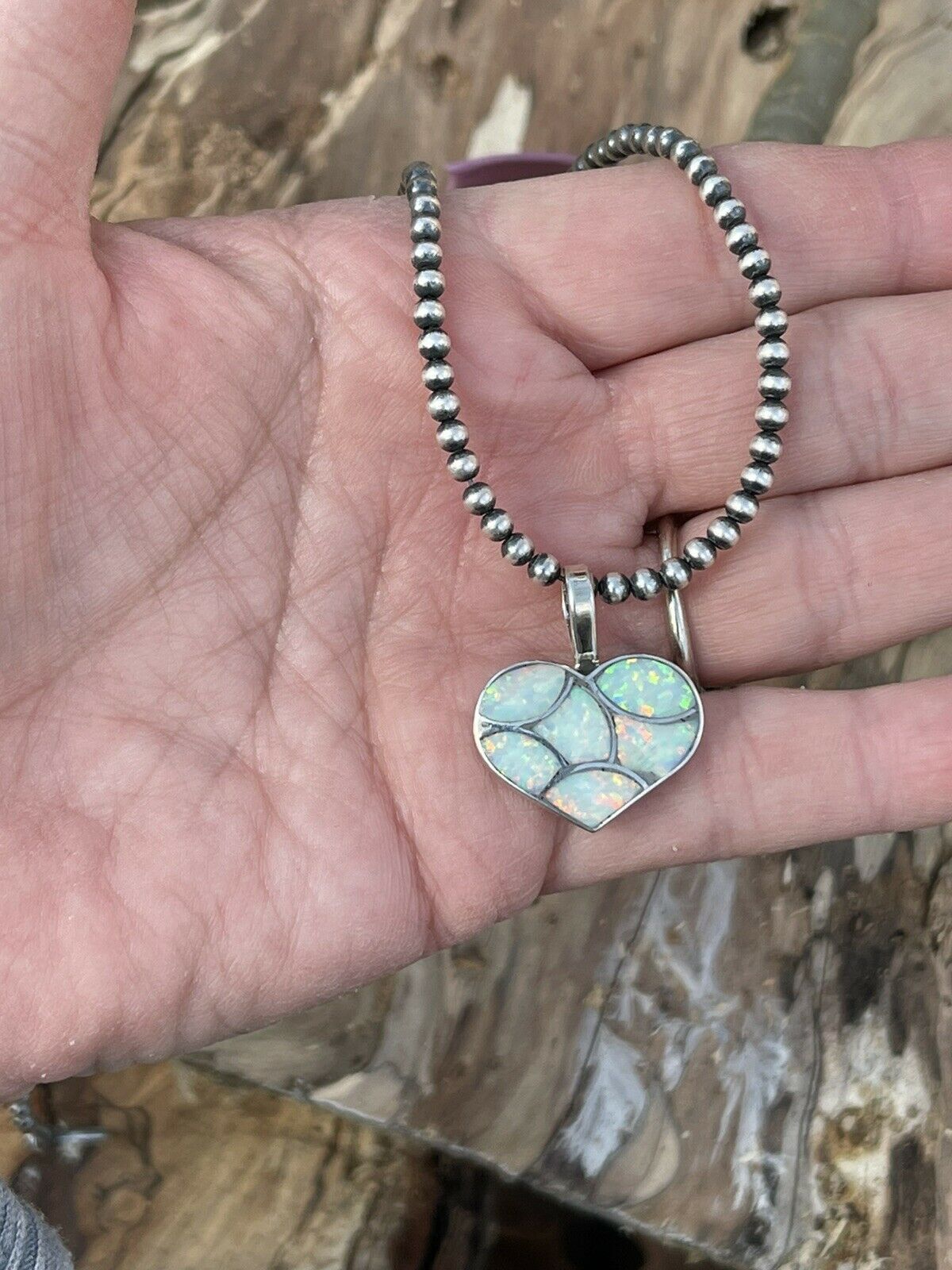 Handcrafted Iridescent White Opal & Sterling Silver Heart Pendant