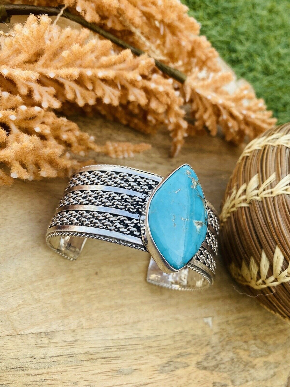 Handcrafted & Hand Stamped Sterling Silver & Royston Turquoise Cuff Bracelet Signed