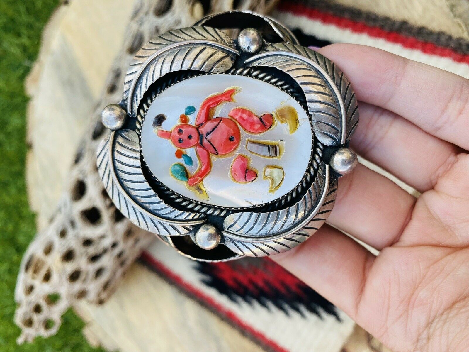 Vintage Zuni Multi Stone & Sterling Silver Inlay Mud Head Cuff Bracelet Signed /