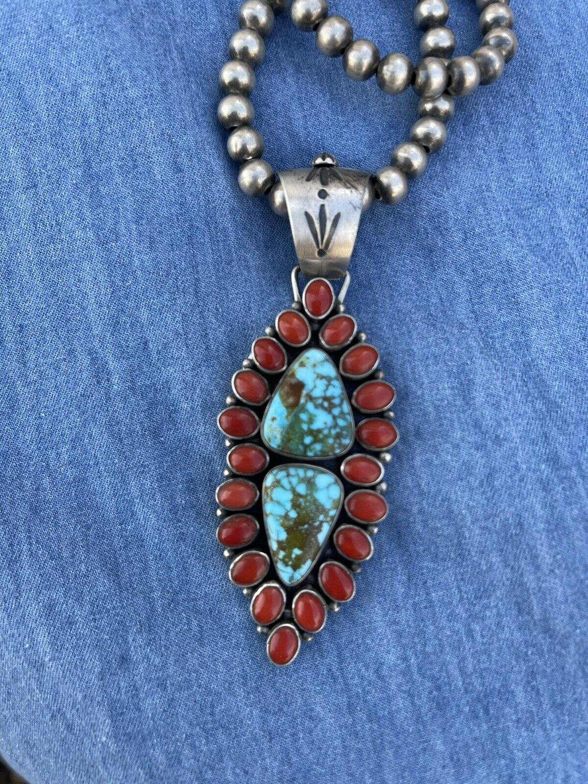 Handcrafted Sterling Silver 2 Stone Kingman Web Turquoise & Red Coral Taos Pendant