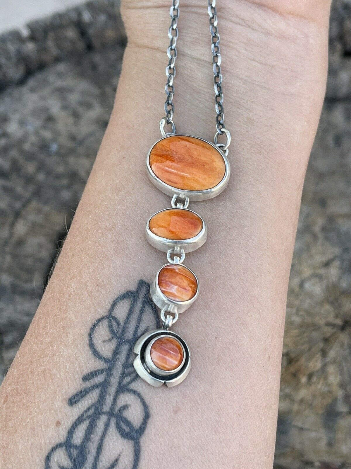 Handcrafted Orange Spiny Circle & Sterling Silver 4 Stone Lariat Necklace