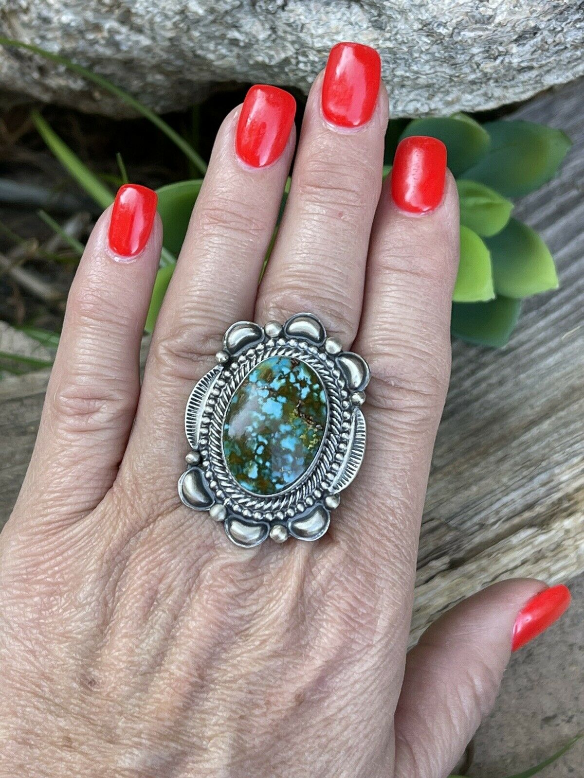 Handcrafted Sonoran Mountain Turquoise & Sterling Silver Statement Ring Sizes 7.5