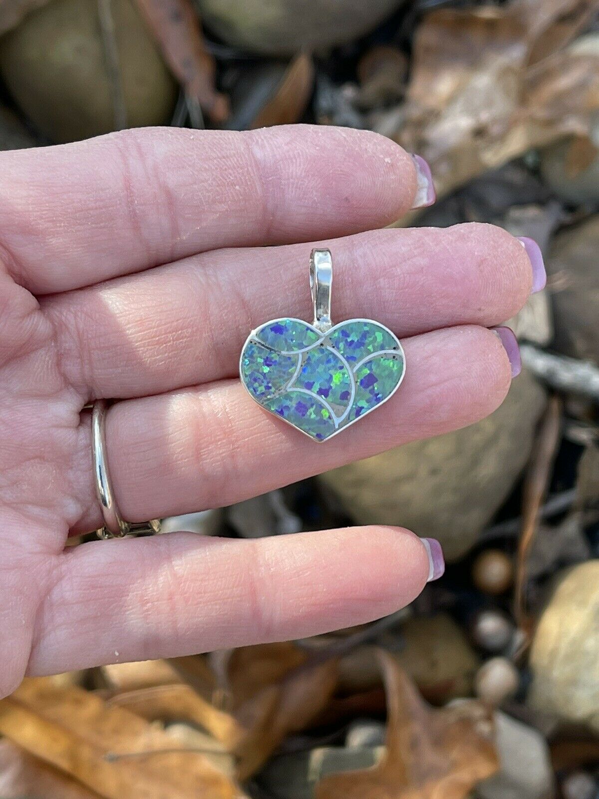 Handcrafted Iridescent Green Opal & Sterling Silver Heart Pendant
