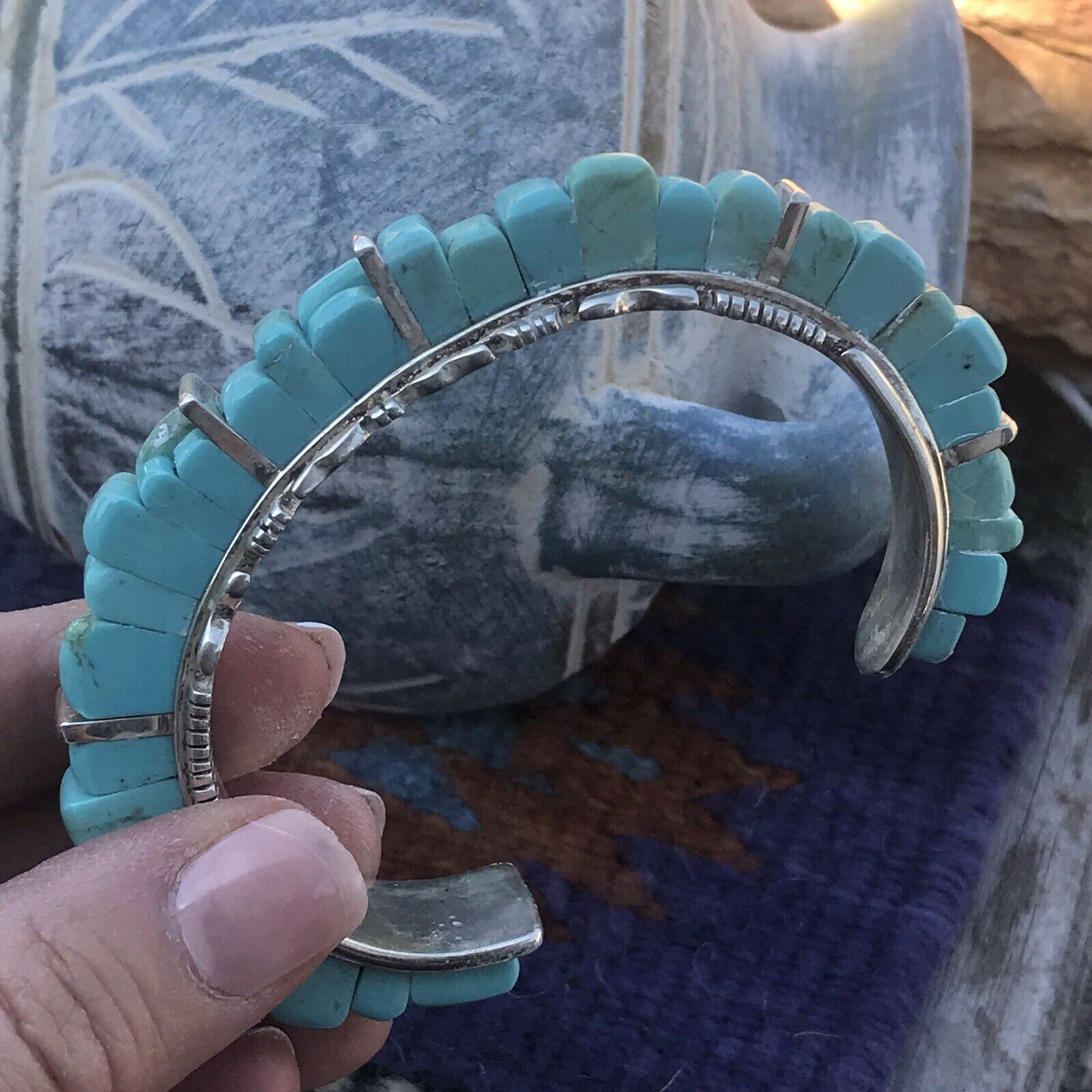 Handcrafted Sterling Silver & Number 8 Turquoise Signed By Marvin Yazzie Cuff