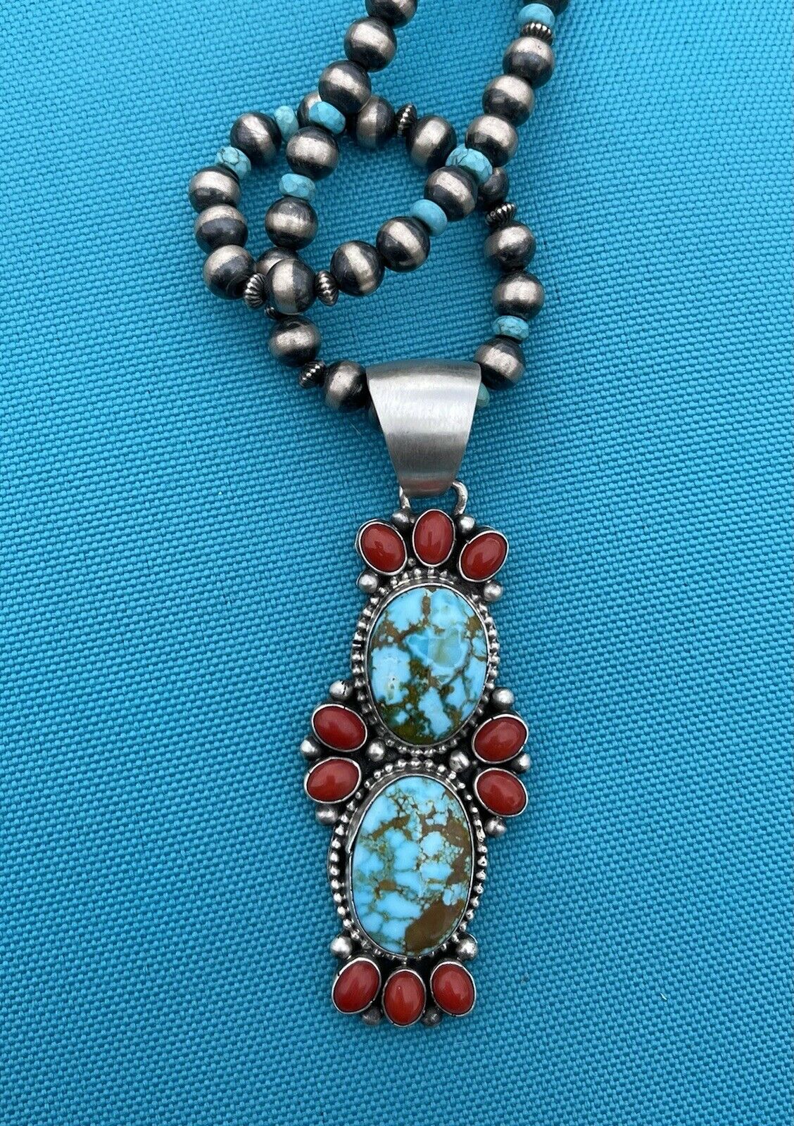 Handcrafted Sterling Kingman Web Turquoise & Red Coral Taos Pendant Bea Tom