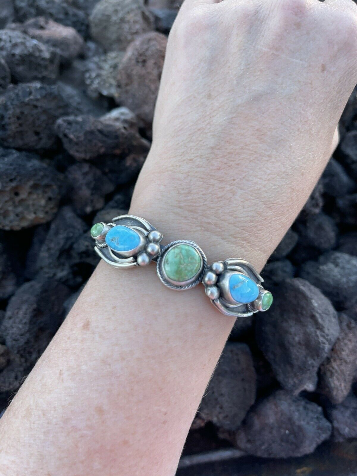 Navajo Sterling Sonoran Gold & Golden Hills Turquoise Cuff Bracelet Signed /