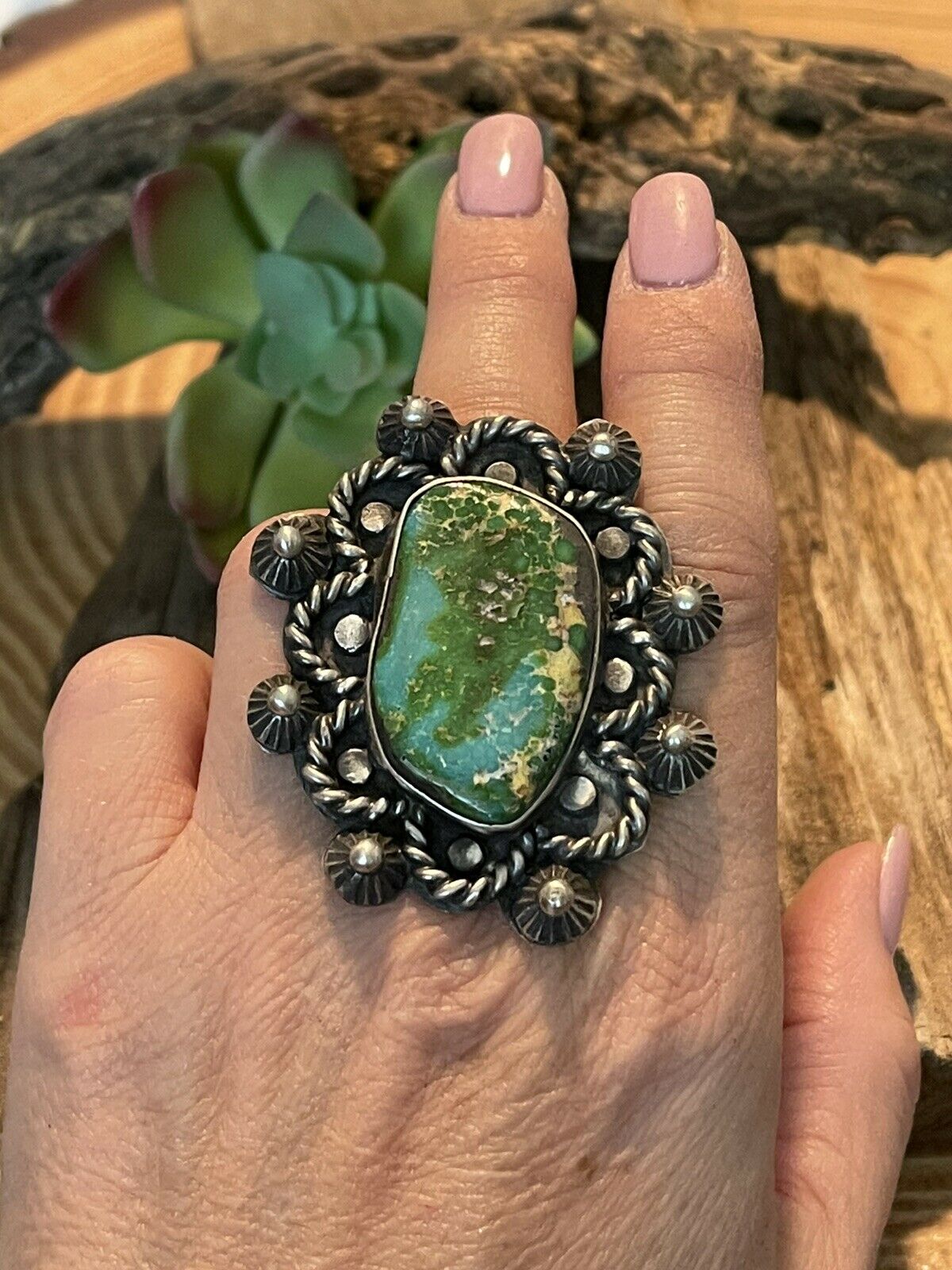 Handcrafted Stunning Natural Royston Turquoise & Sterling Ring Size 7.