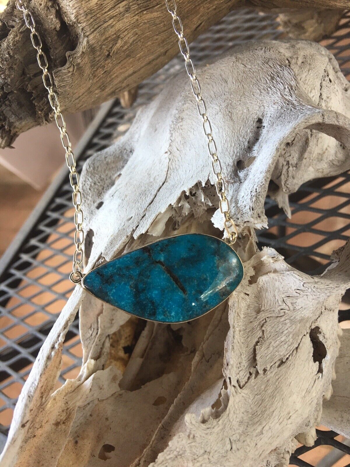 Navajo Kingman Turquoise Sterling Silver Drop Necklace Signed