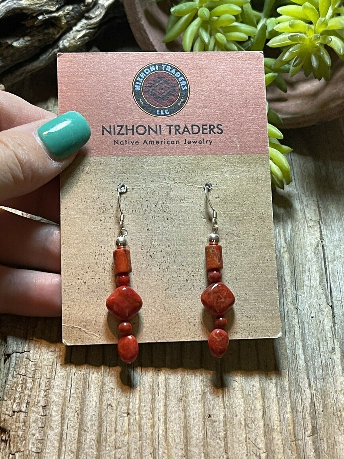 Handcrafted Sterling Silver Apple Coral Strand Beaded Earrings