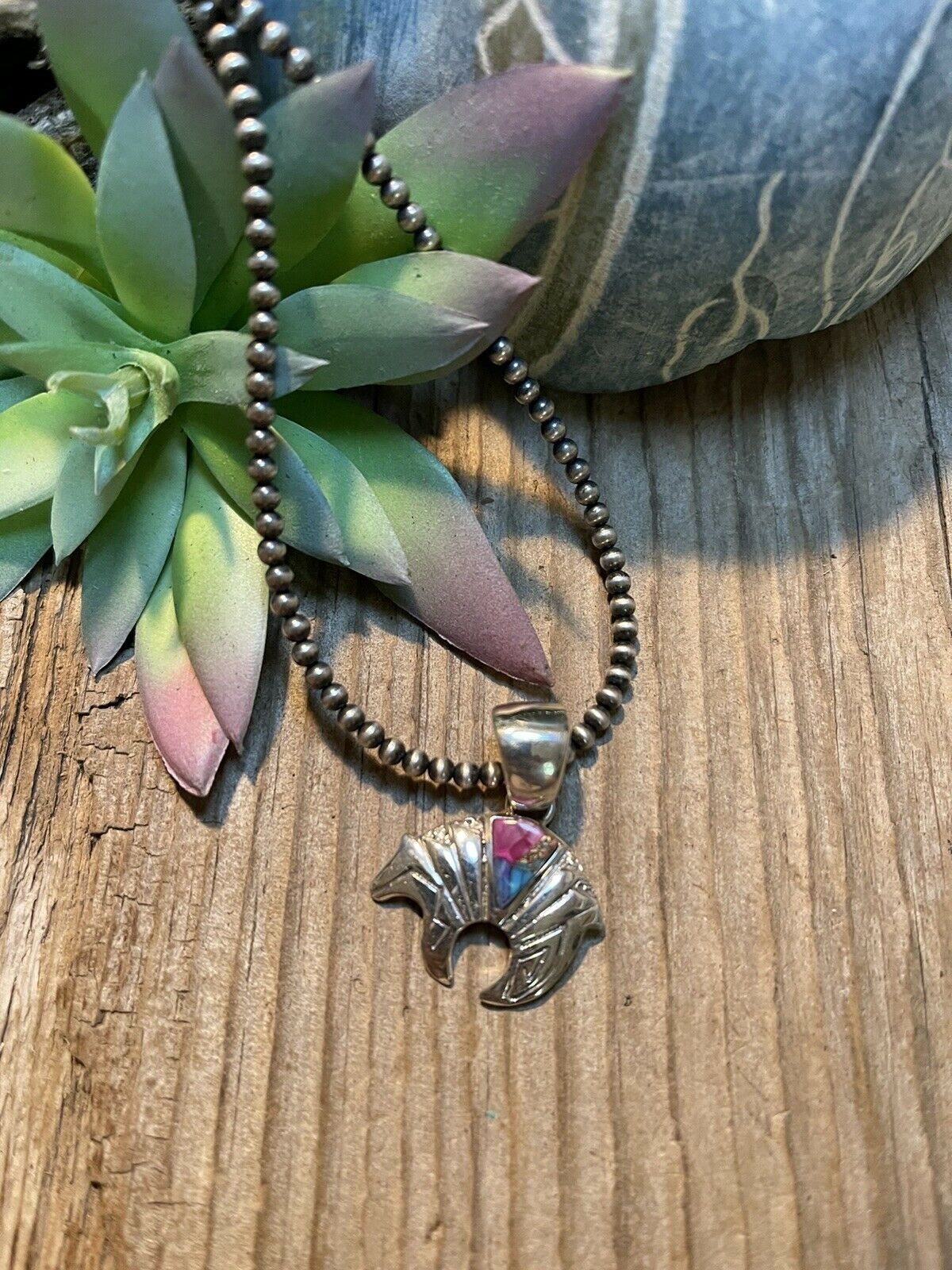 Handcrafted Pink Dream Mojave & Sterling Silver Bear Pendant
