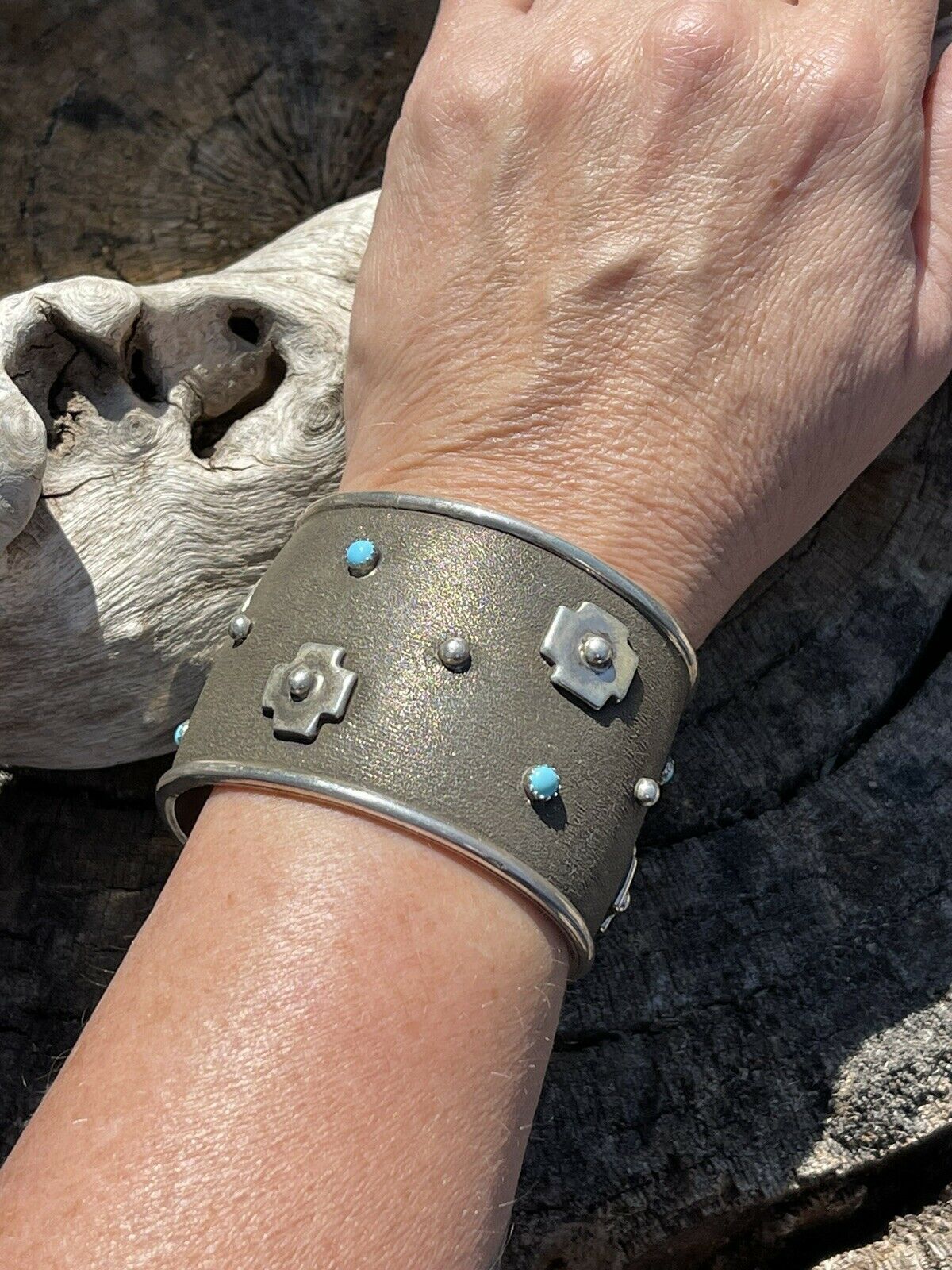 Handcrafted Sterling Silver Cross Bracelet Cuff With Turquoise Accent Stones Signed /