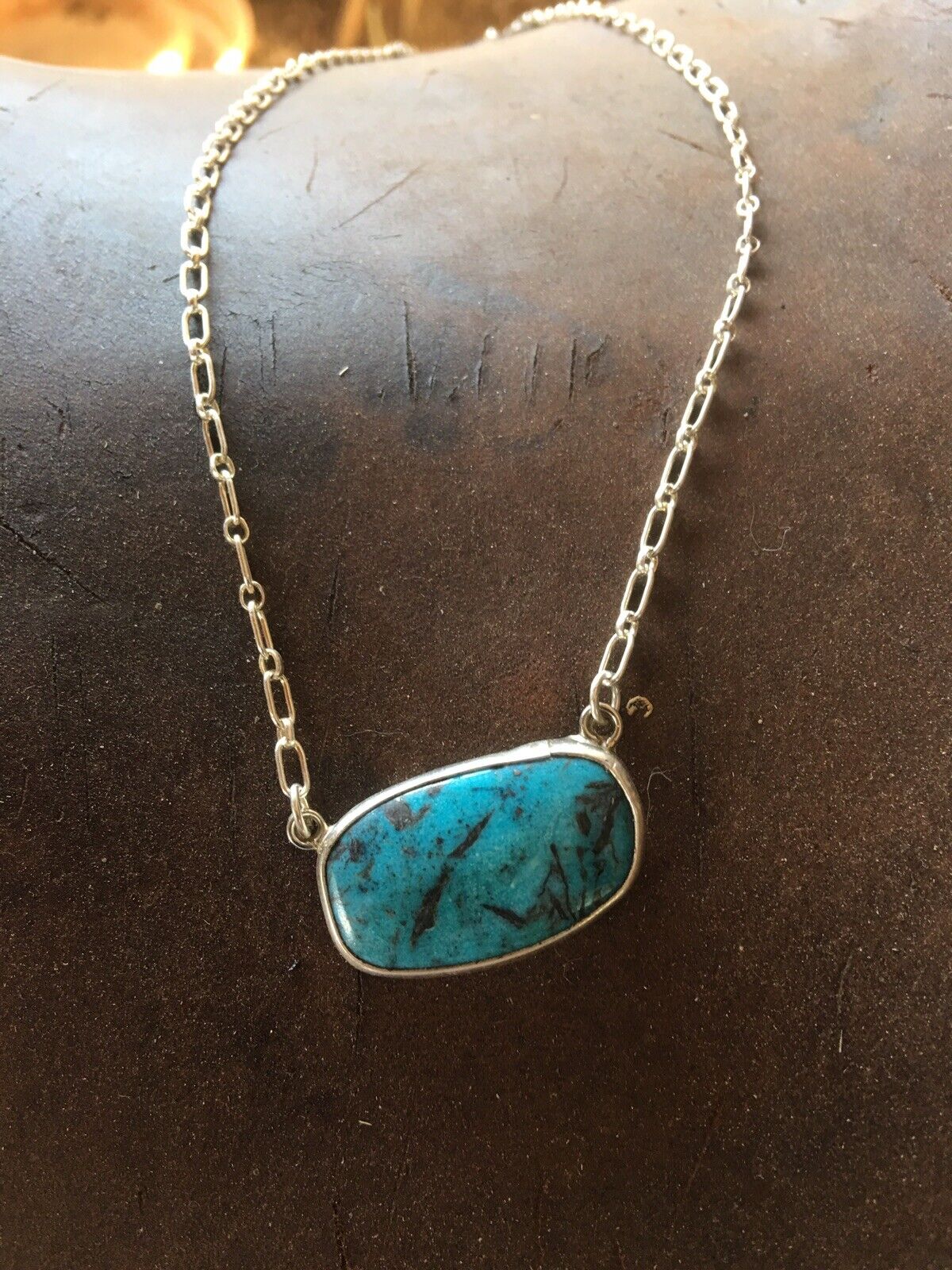 Navajo Kingman Turquoise Sterling Silver Drop Necklace Signed