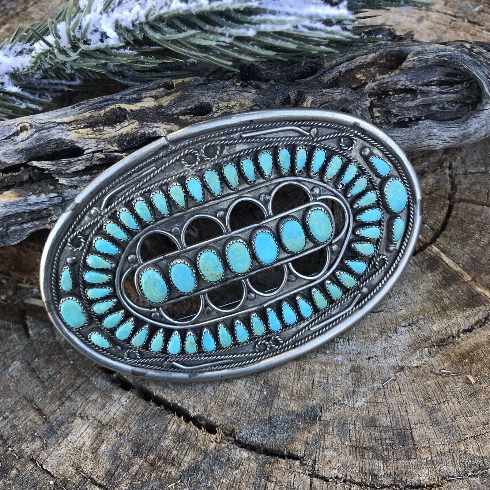 Handcrafted Vintage Jumbo Sterling Silver & Royston Turquoise Pin / Pendant