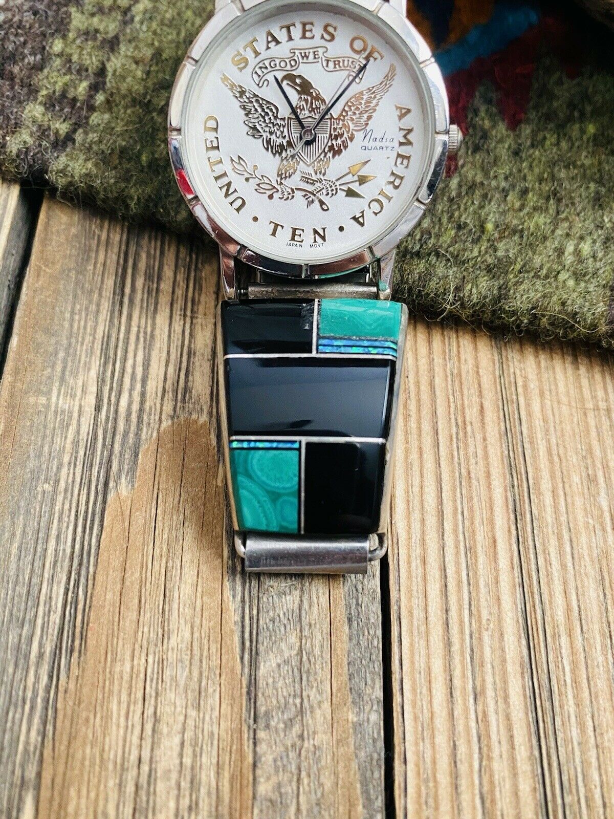 Handcrafted Old Pawn Vintage Onyx, Malachite, Opal & Sterling Silver Inlay Watch