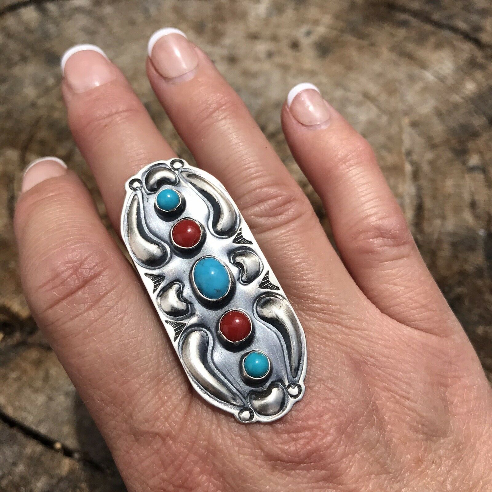 Handcrafted Sterling Silver Turquoise Coral 5 Stone Ring