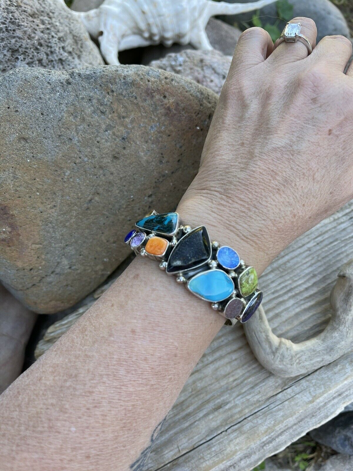 Handcrafted Multi Stone & Gem Sterling Silver Cuff Bracelet Signed