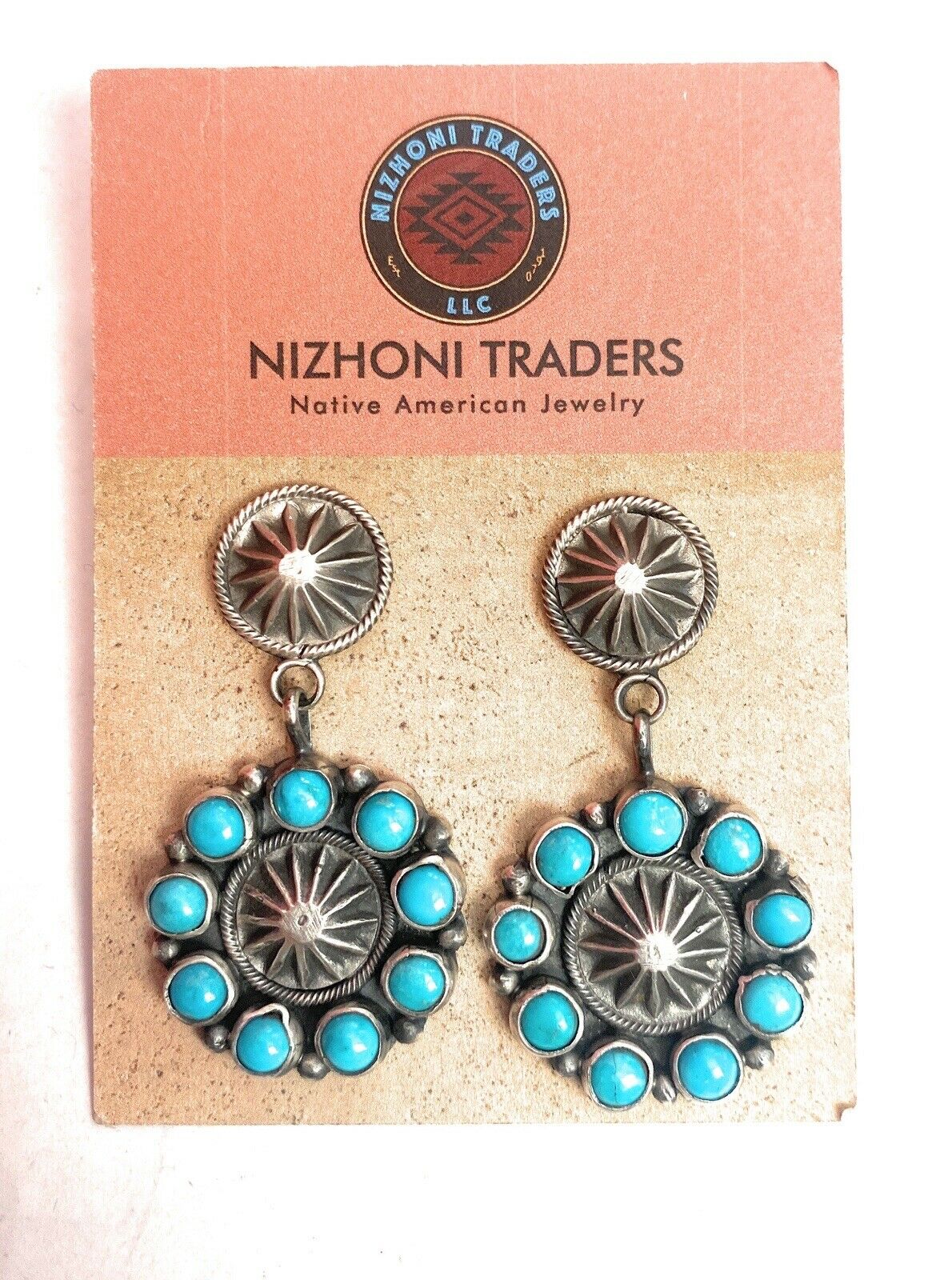 Handcrafted Turquoise & Sterling Silver Concho Dangle Earrings Signed
