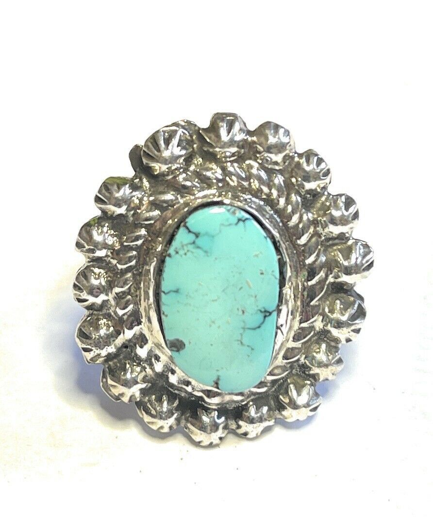 Handcrafted Sterling Carico Lake Turquoise Stone Sunburst Ring Size 8