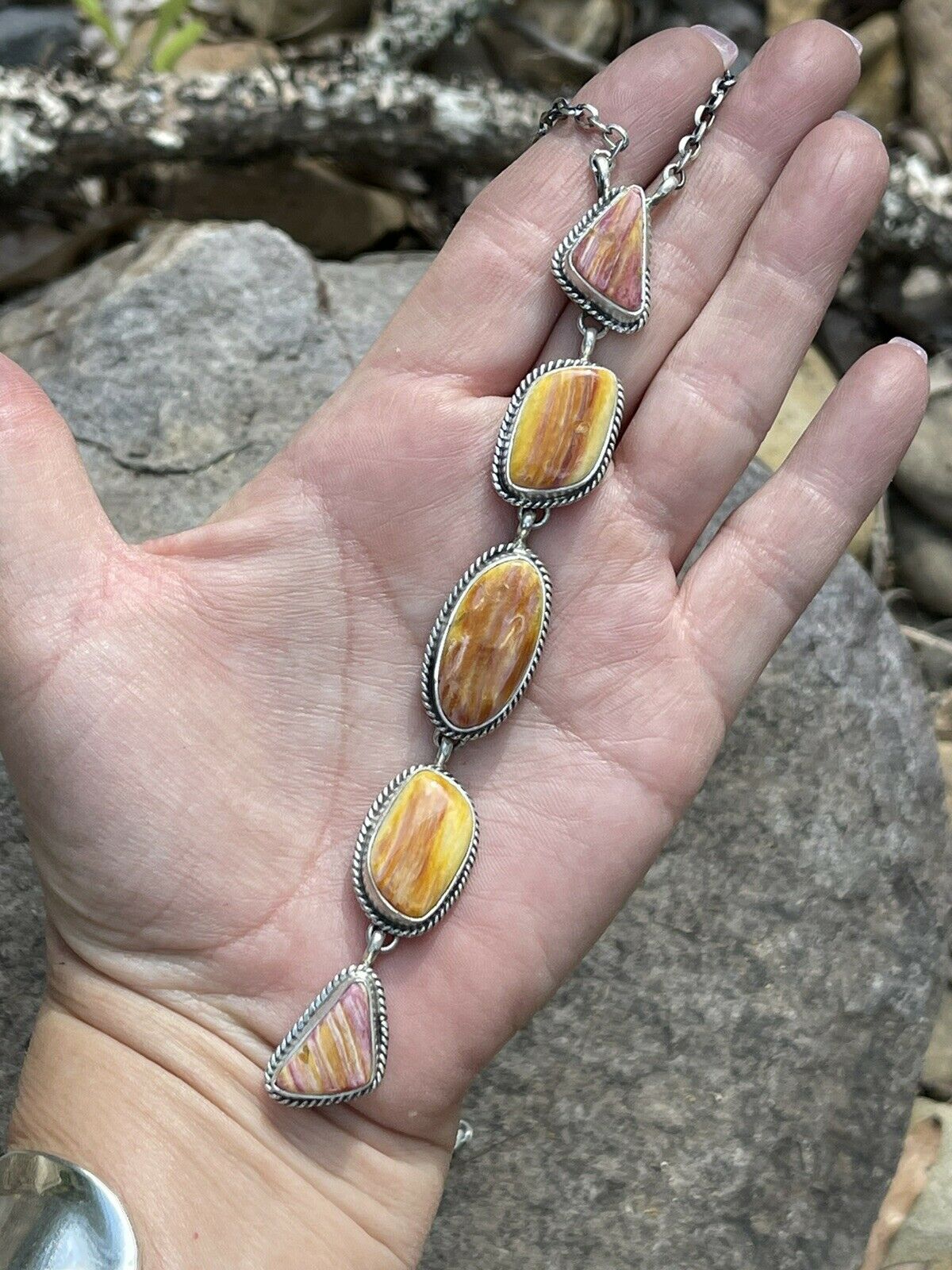 Handcrafted Spiny and Sterling 5 Stone Multi Shape Lariat Necklace