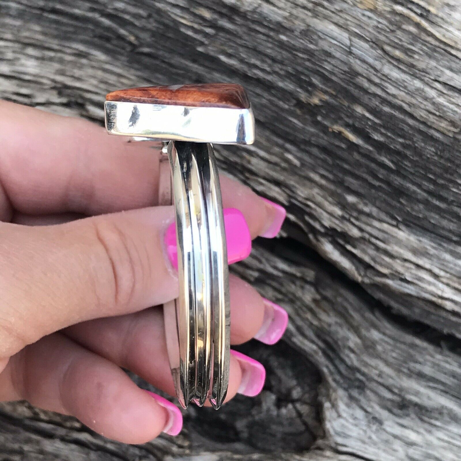 Handcrafted Purple Spiny Oyster & Sterling Silver Bracelet Cuff Signed