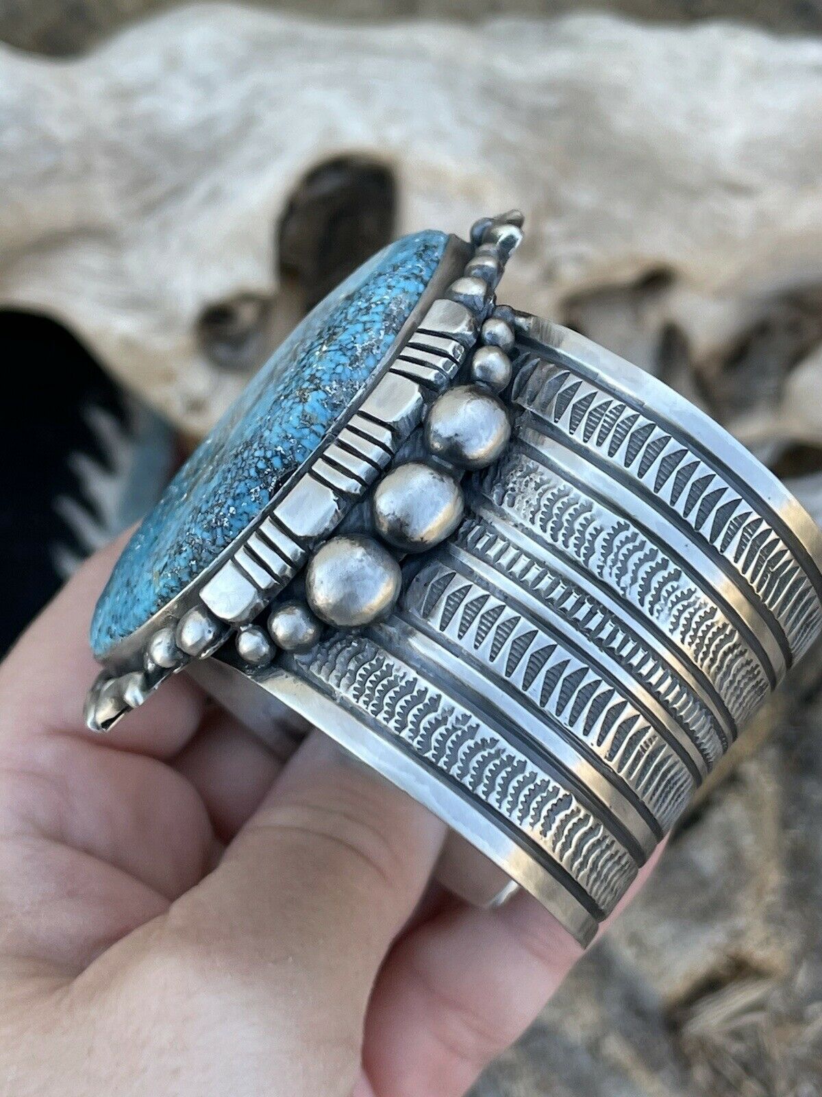 Handcrafted Southwest Kingman Turquoise & Sterling Silver Cuff Signed Danny Clark