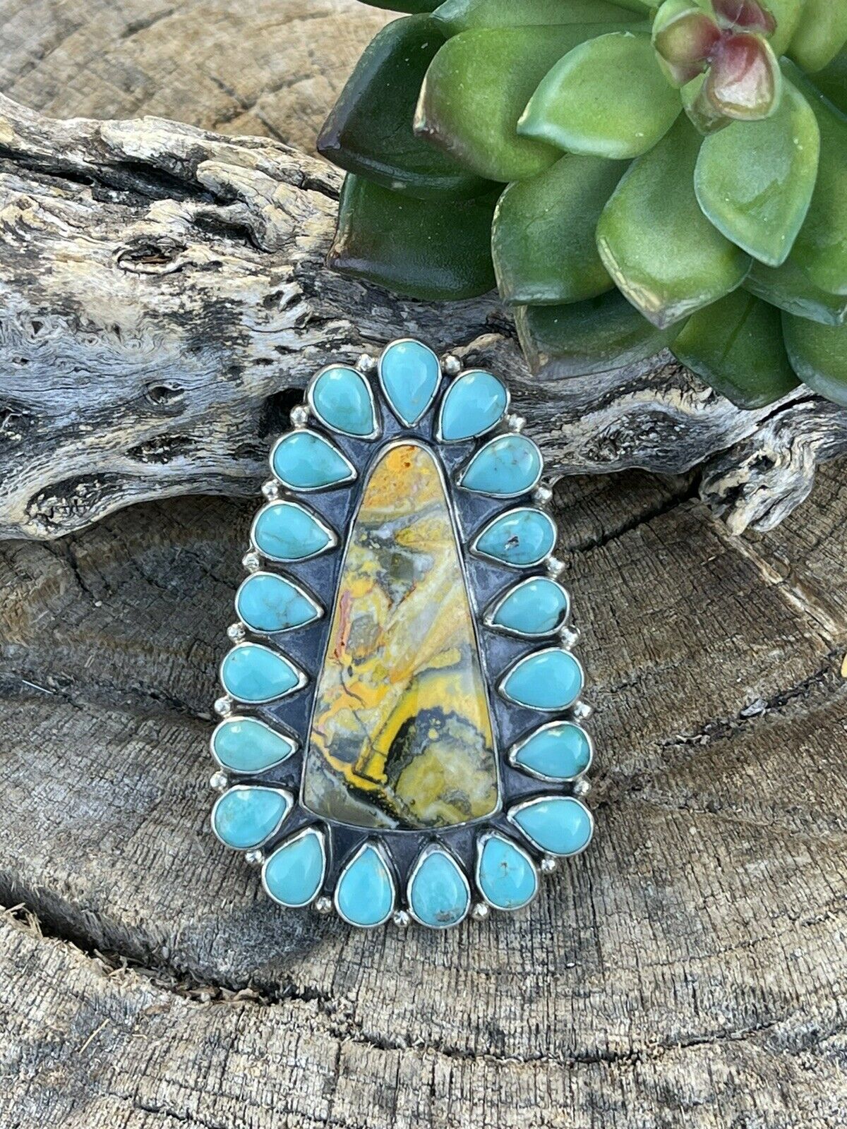 Handcrafted Sterling Silver Bumblebee and Turquoise Stone Ring Sz 8.5