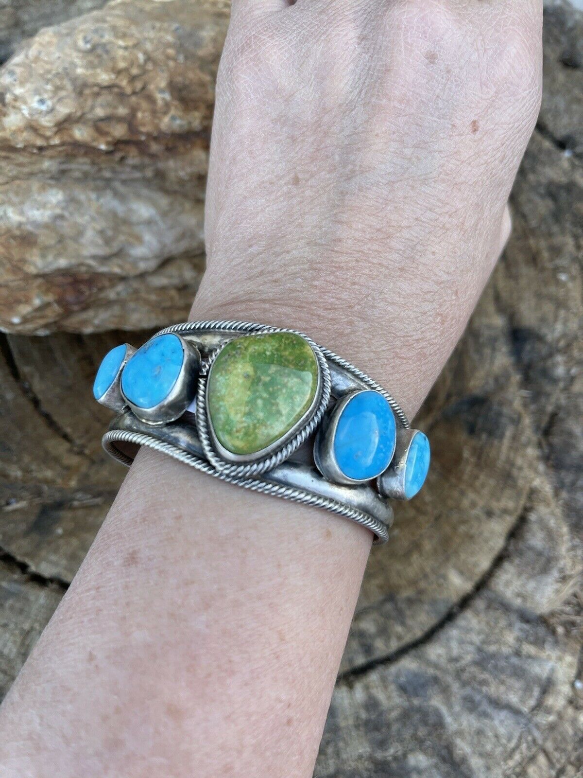 Navajo Sterling Sonoran Gold & Golden Hills Turquoise Cuff Bracelet Signed /