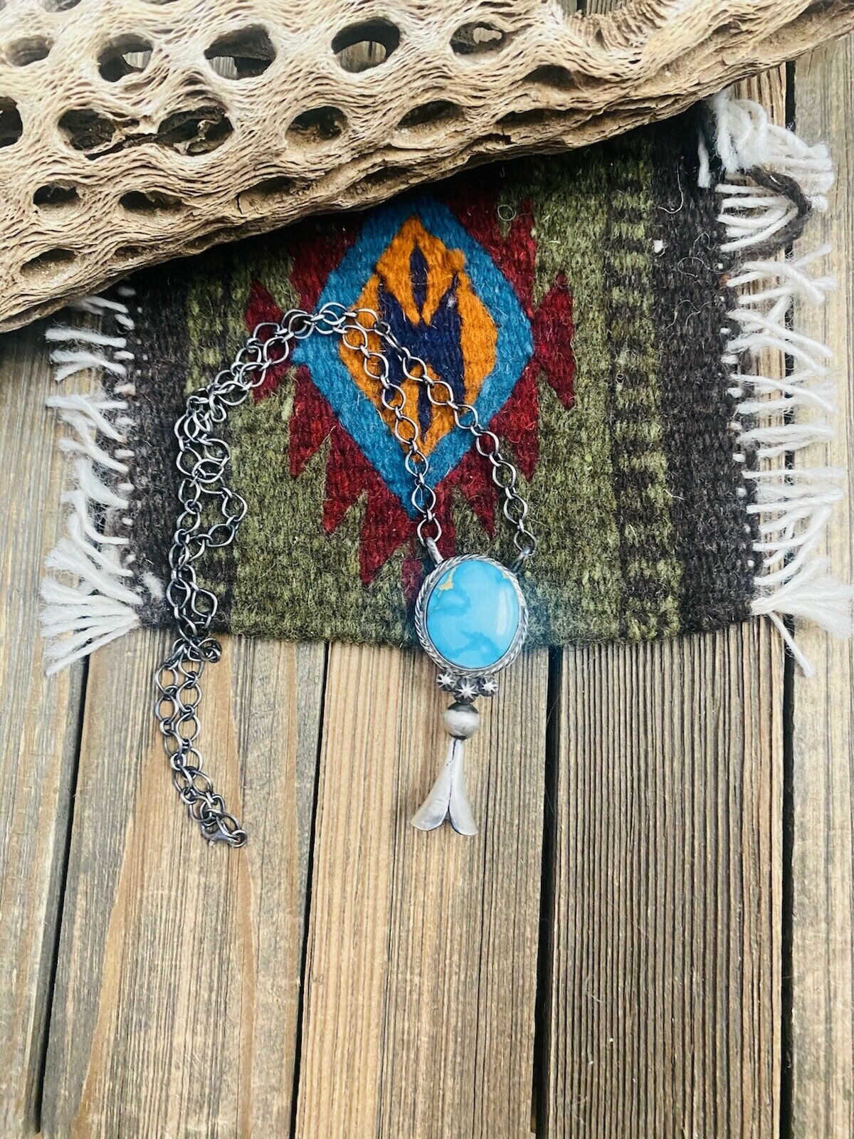 Handcrafted Sterling Silver & Kingman Turquoise Blossom Necklace Signed