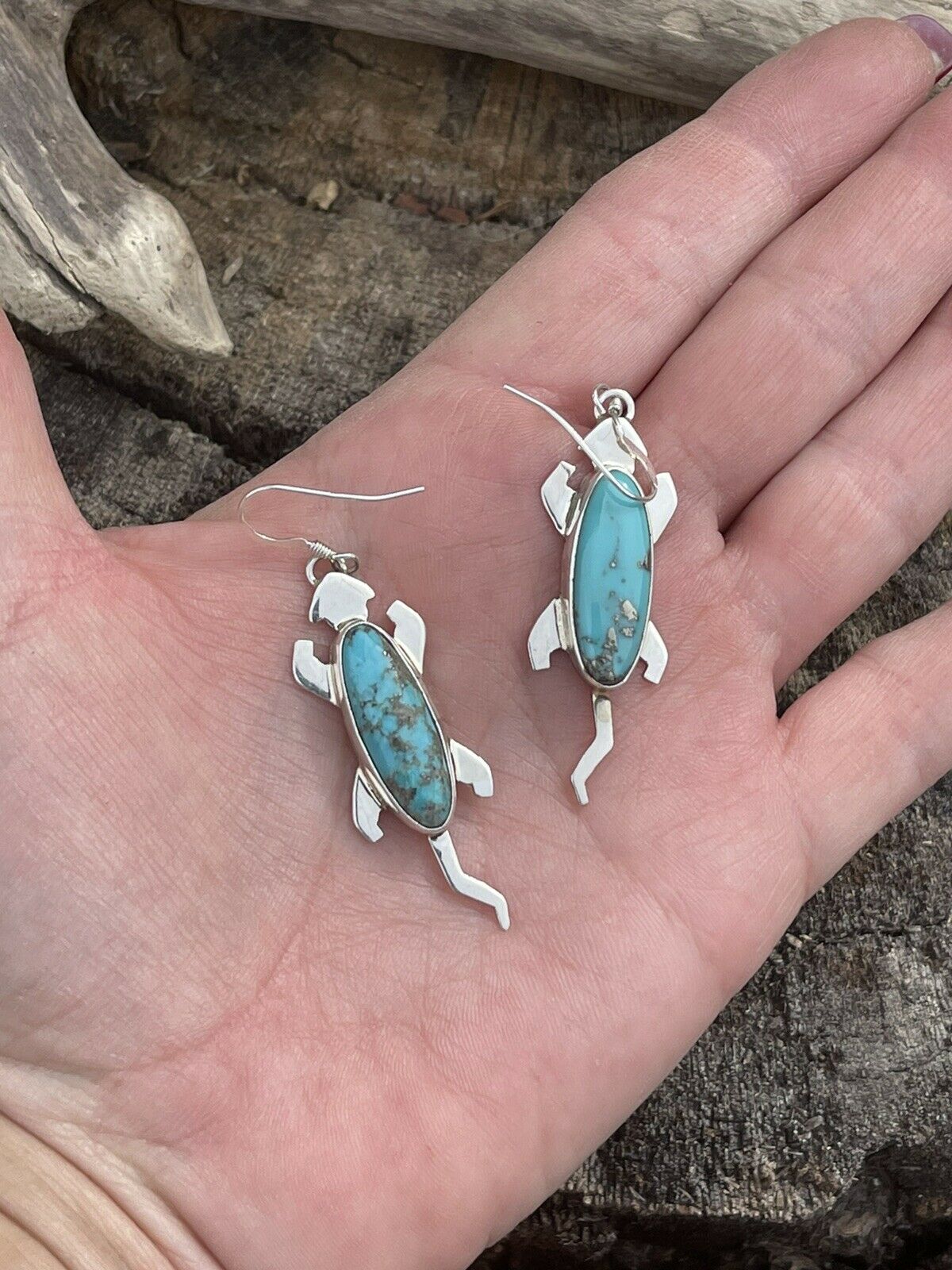 Handcrafted Sterling Silver Turquoise Stone Gecko Dangle Earrings Signed