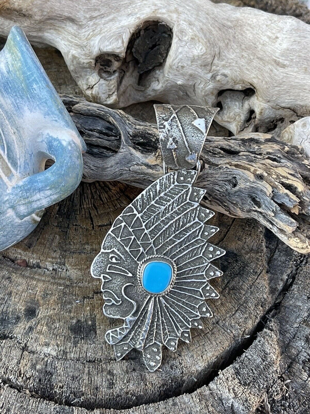 Handcrafted Sterling Silver & Kingman Turquoise Indian Chief Sand Cast Pendant Sign
