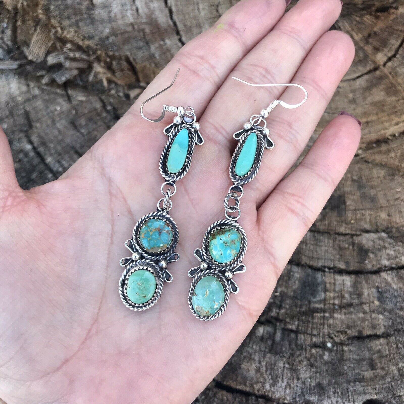 Handcrafted Mixed Turquoise & Sterling Silver Dangles Signed