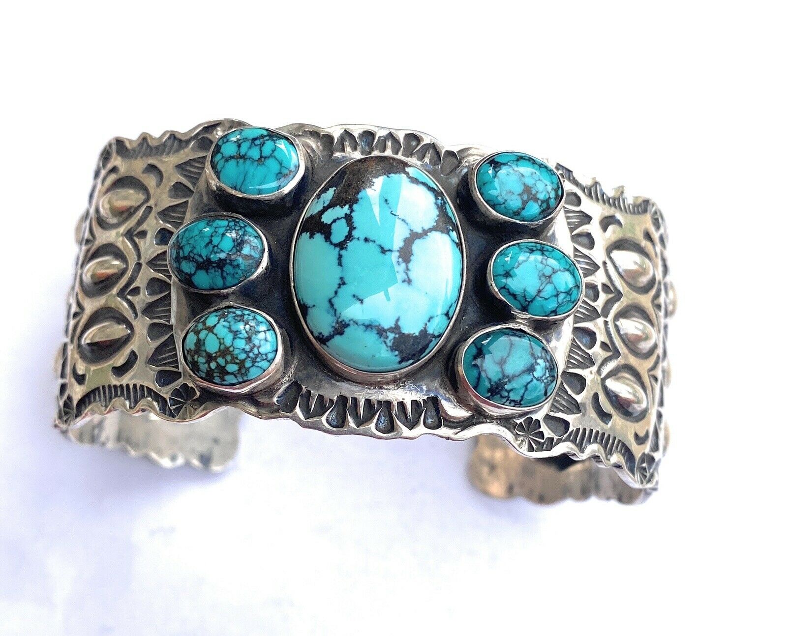 Vintage Navajo Turquoise & Sterling Silver Hand Stamped Cuff Bracelet /