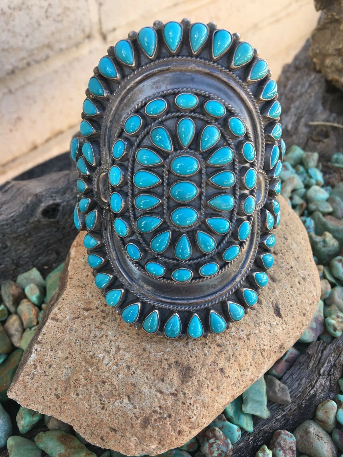 Anthony Skeets Handcrafted Cluster Turquoise & Sterling Silver Cuff Bracelet Signed /