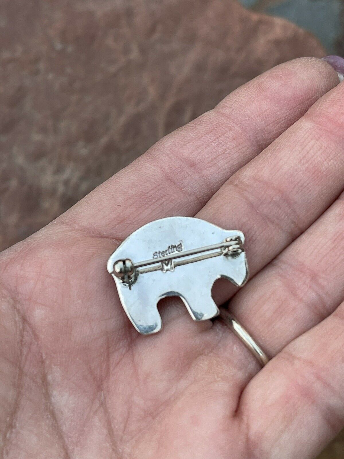 Handcrafted Sterling Silver Multi Stone Buffalo Pendant Pin Signed