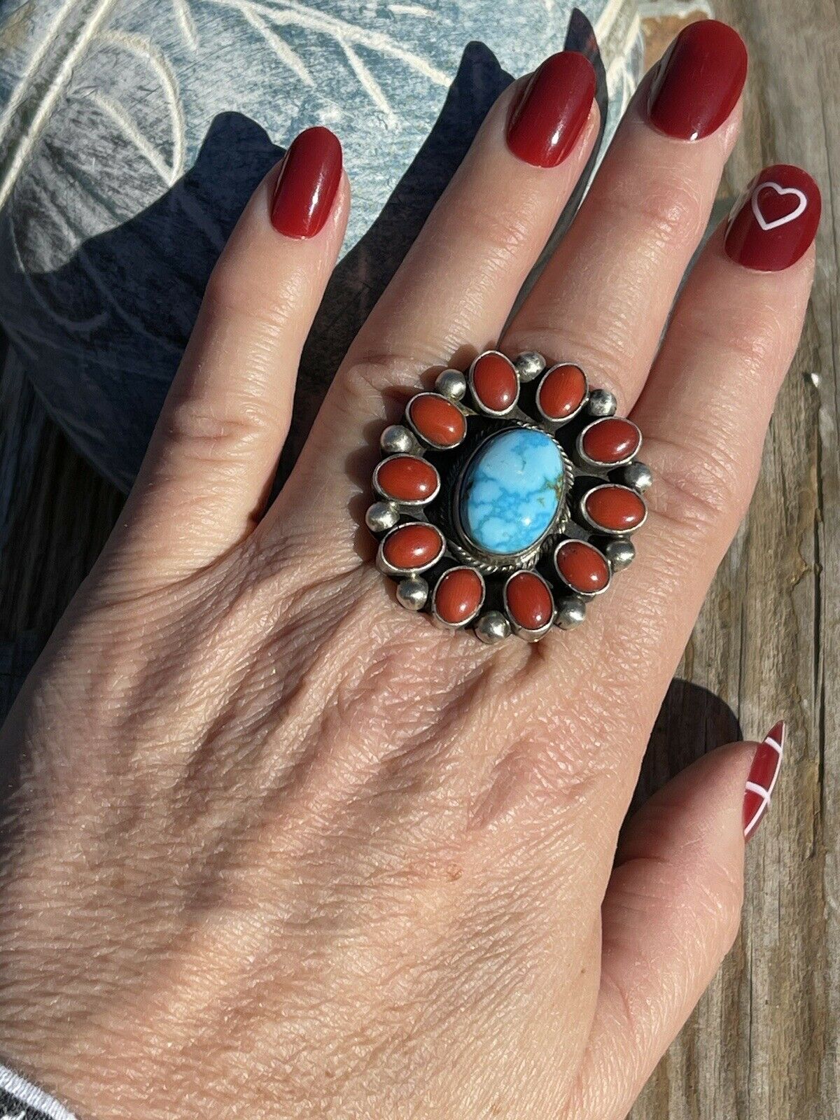 Handcrafted Sterling Silver Kingman Web Turquoise & Red Coral Taos Ring Sz 5.5