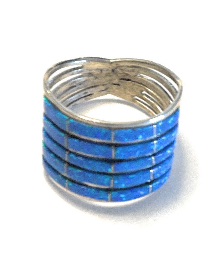 Handcrafted Sterling Silver Blue Opal 5 Row Inlay Ring