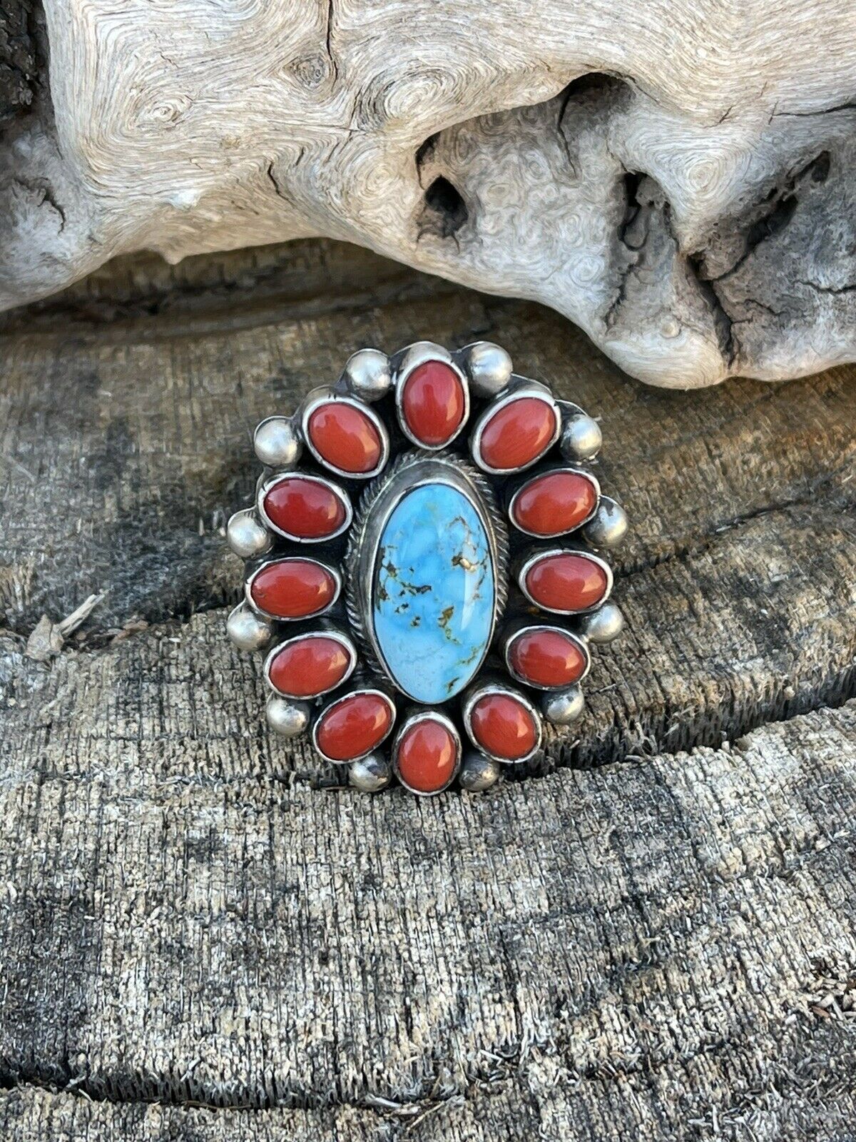 Handcrafted Sterling Silver Kingman Web Turquoise & Red Coral Taos Ring Sz 7.5