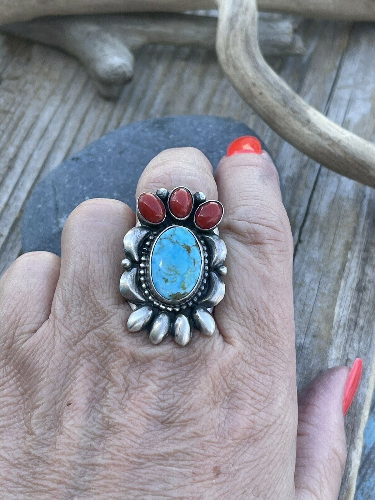 Navajo Sterling Kingman Web Turquoise & Red Coral Taos Collection Ring by Danny Clark, Sz 7.5