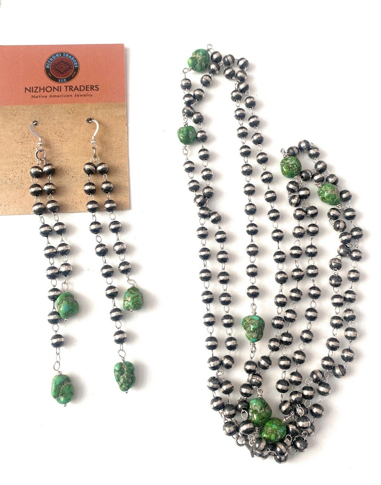 Handcrafted Sonoran Gold Turquoise & Sterling Silver Pearl Beaded Necklace Set