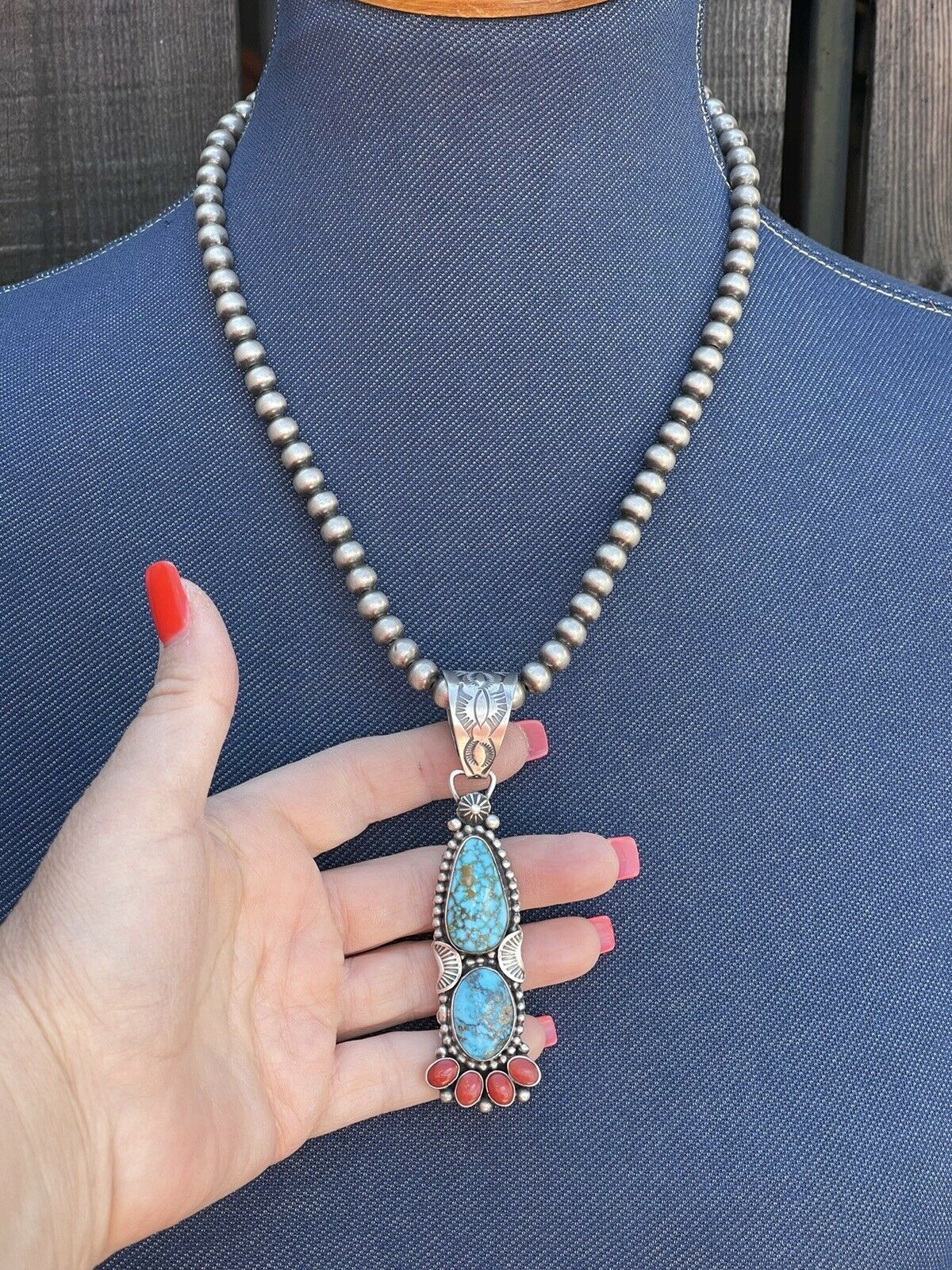 Handcrafted Sterling Kingman Web Turquoise & Red Coral Taos Pendant Danny Clark