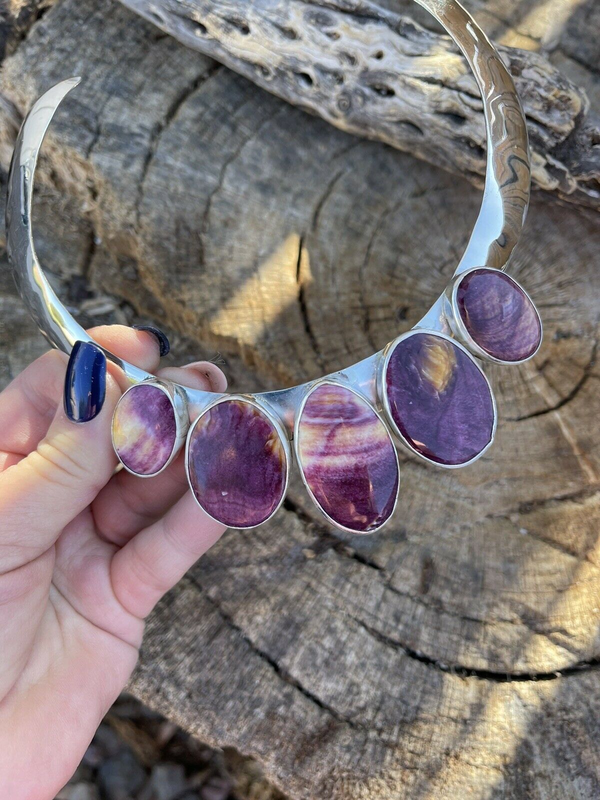 Handcrafted Sterling Silver & Spiny 5 Stone Choker Necklace Signed