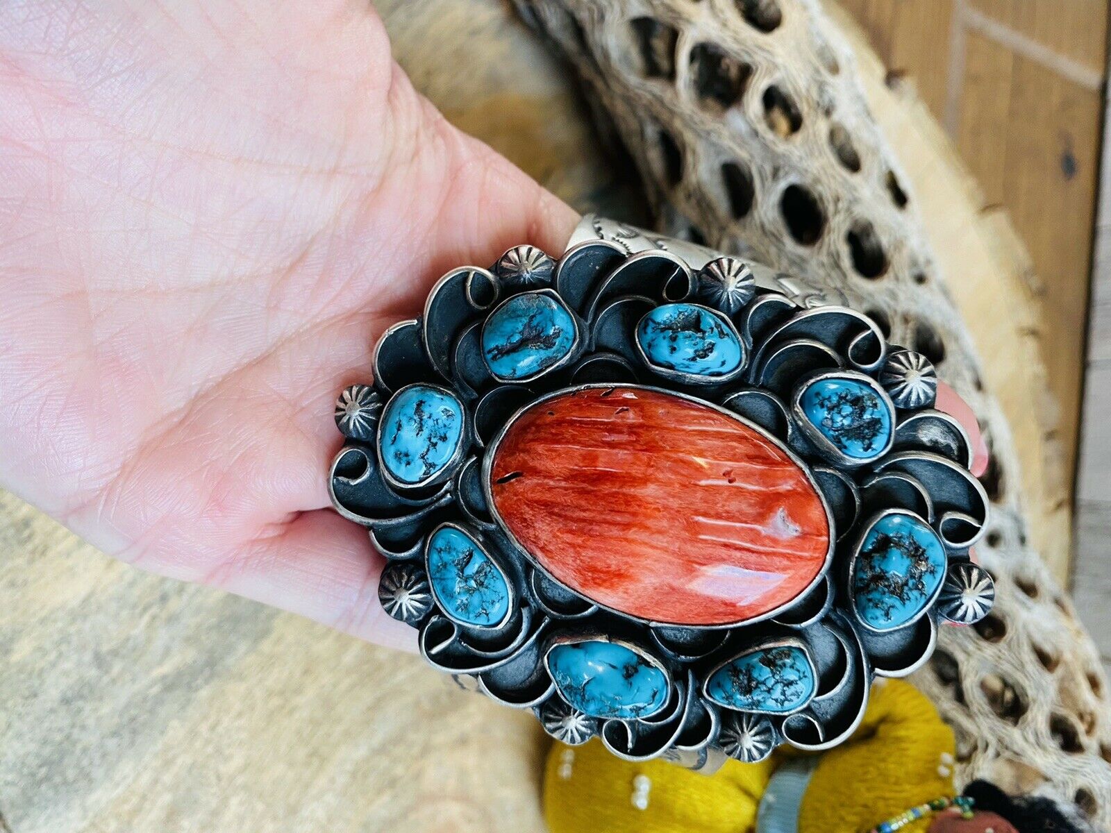 Navajo Turquoise, Orange Spiny & Sterling Silver Cuff Bracelet Signed /