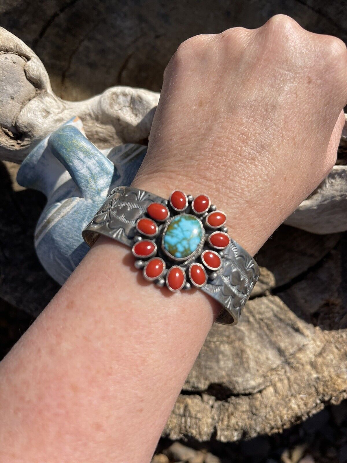 Navajo Sterling Kingman Web Turquoise & Red Coral Taos Bracelet Cuff by Bobby Johnson /