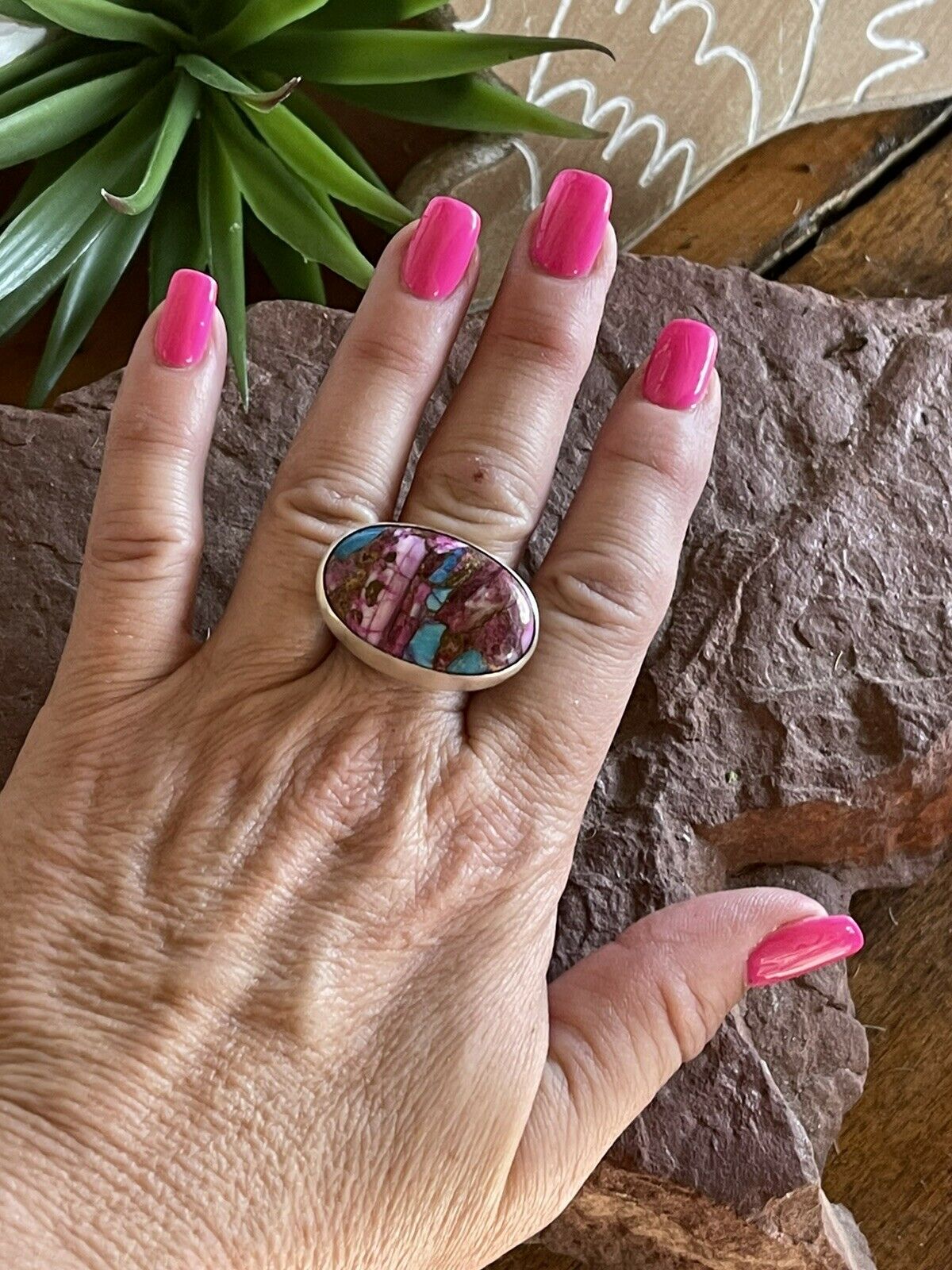 Handcrafted Pink Dream Mojave Oval Rope & Sterling Silver Adjustable Ring