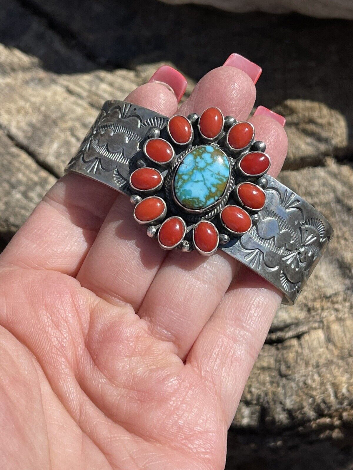 Navajo Sterling Kingman Web Turquoise & Red Coral Taos Bracelet Cuff by Bobby Johnson /