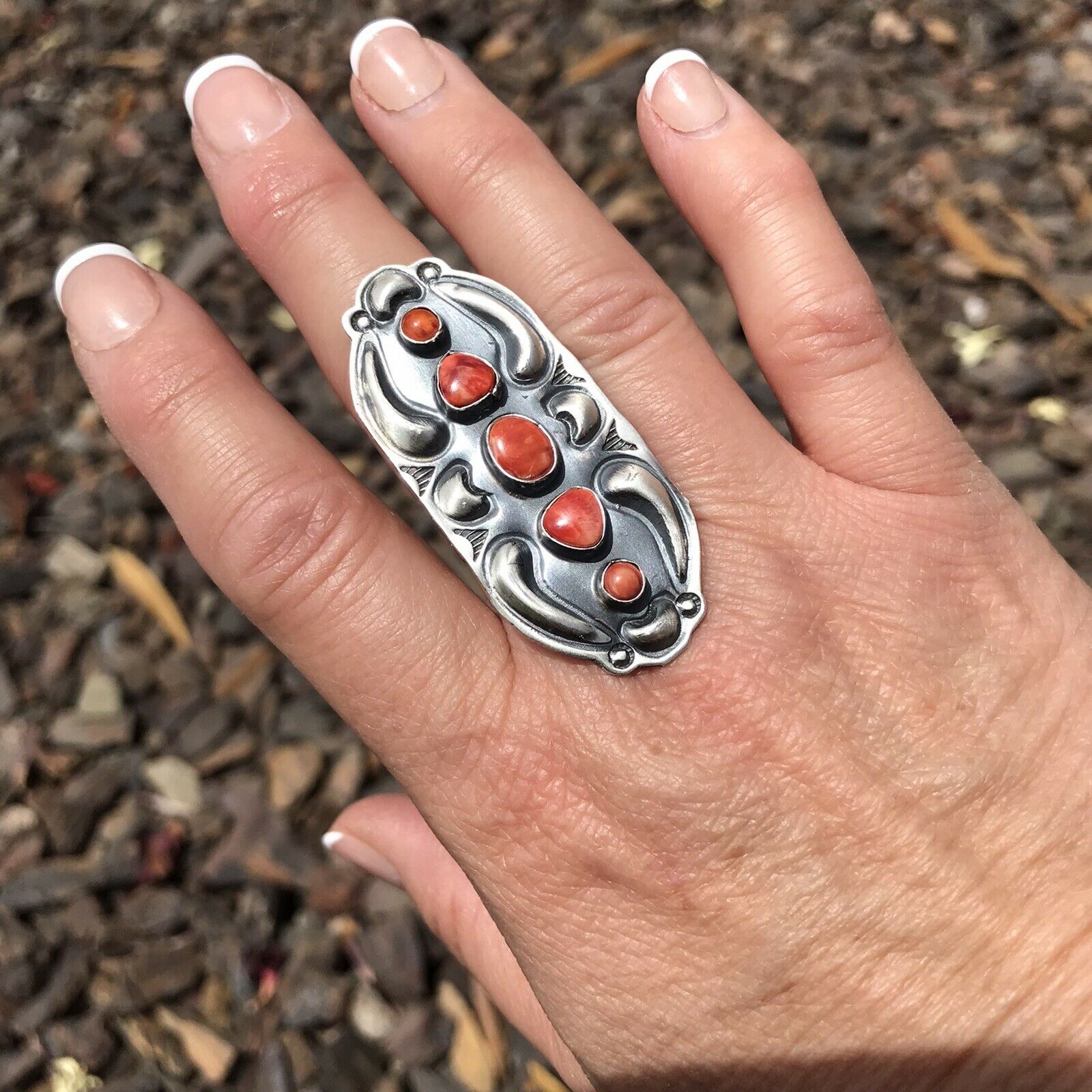 Handcrafted Sterling Silver Orange Spiny Oyster 5 Stone Ring