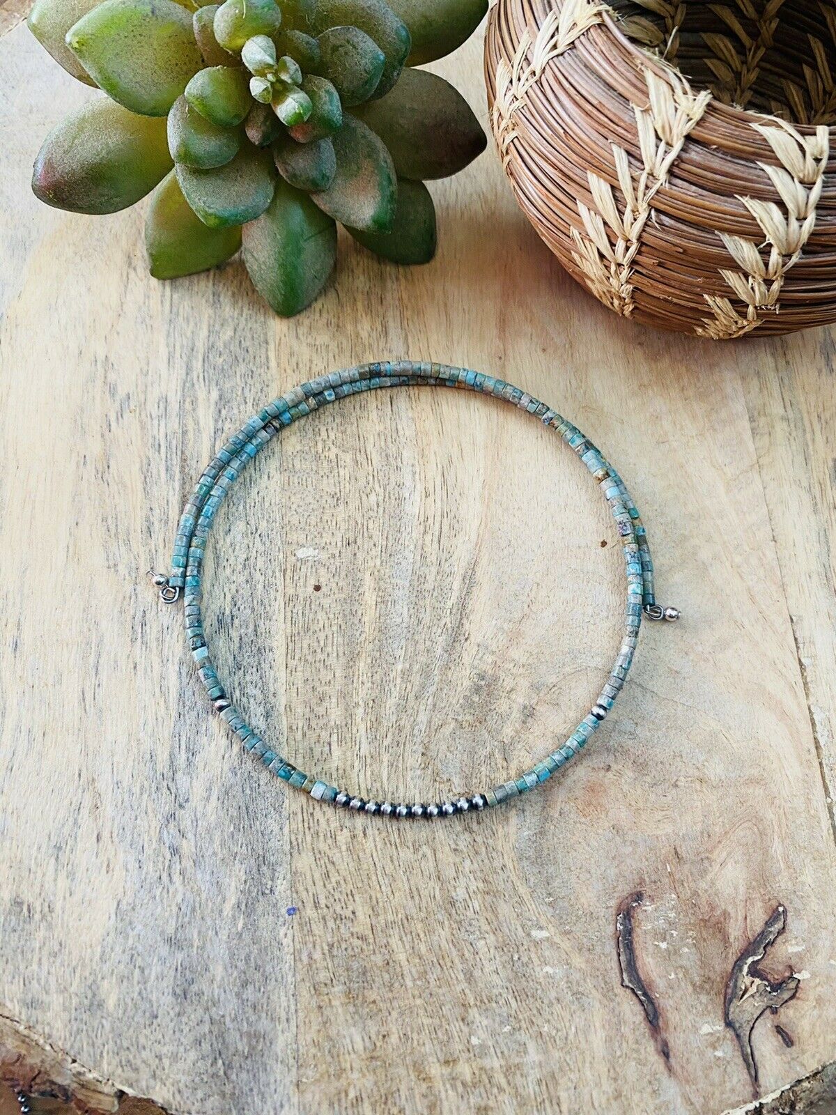 Handmade Turquoise & Sterling Silver Beaded Wrap Choker Necklace