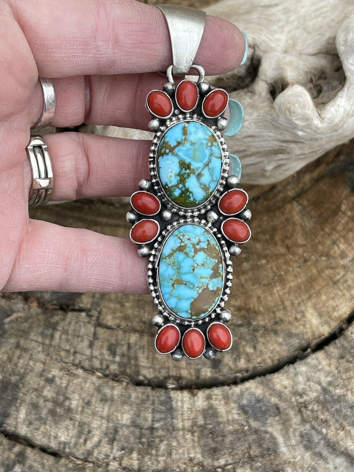 Handcrafted Sterling Kingman Web Turquoise & Red Coral Taos Pendant Bea Tom