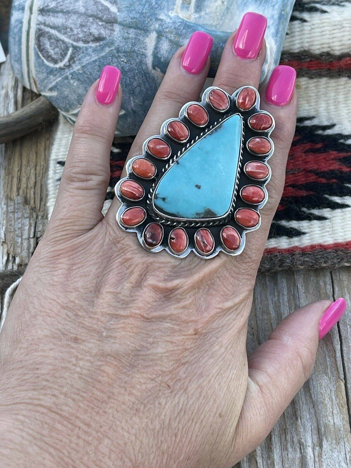 Handcrafted Cluster Fox Turquoise Spiny Sterling Silver Ring Sz Is Adjustable