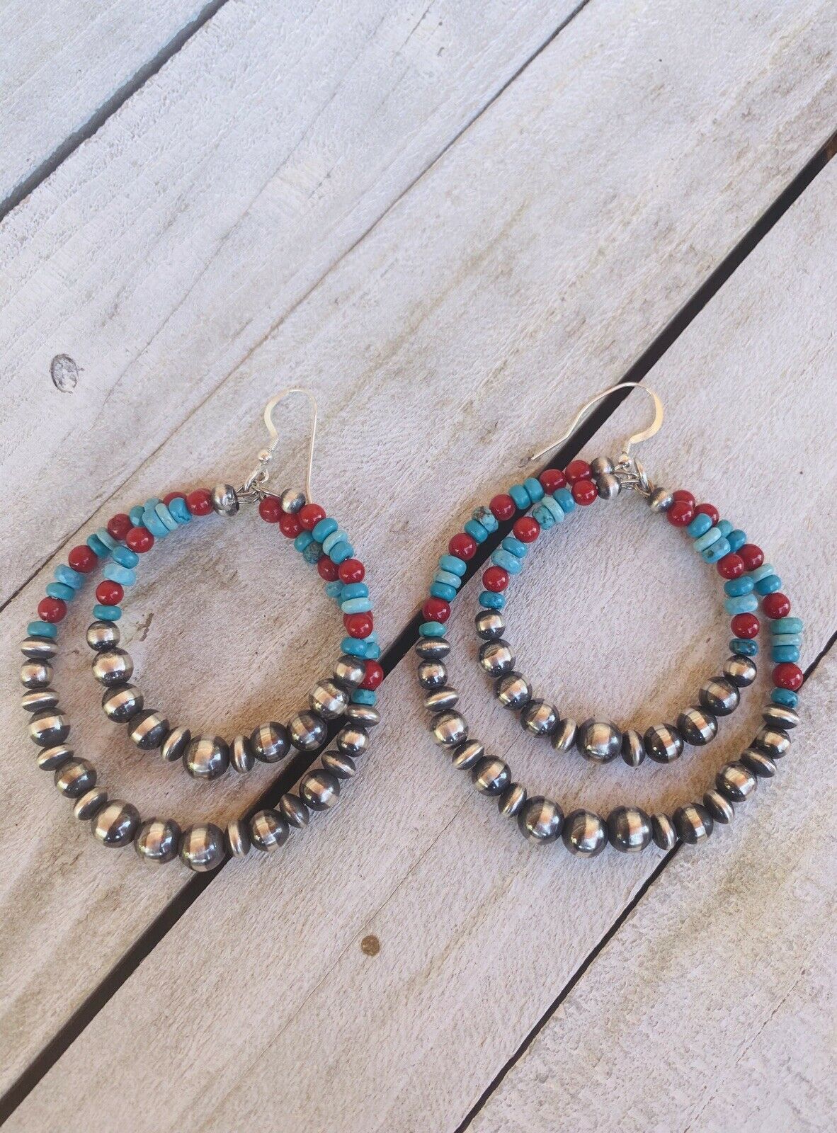 Handcrafted Turquoise, Coral & Sterling Silver Pearl Dangle Hoop Earrings